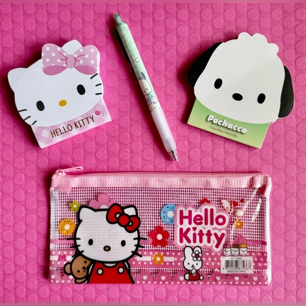 New Sanrio Pochacco & Hello Kitty Zip Pouch, Pen, Note Pads Stationery Set of 4